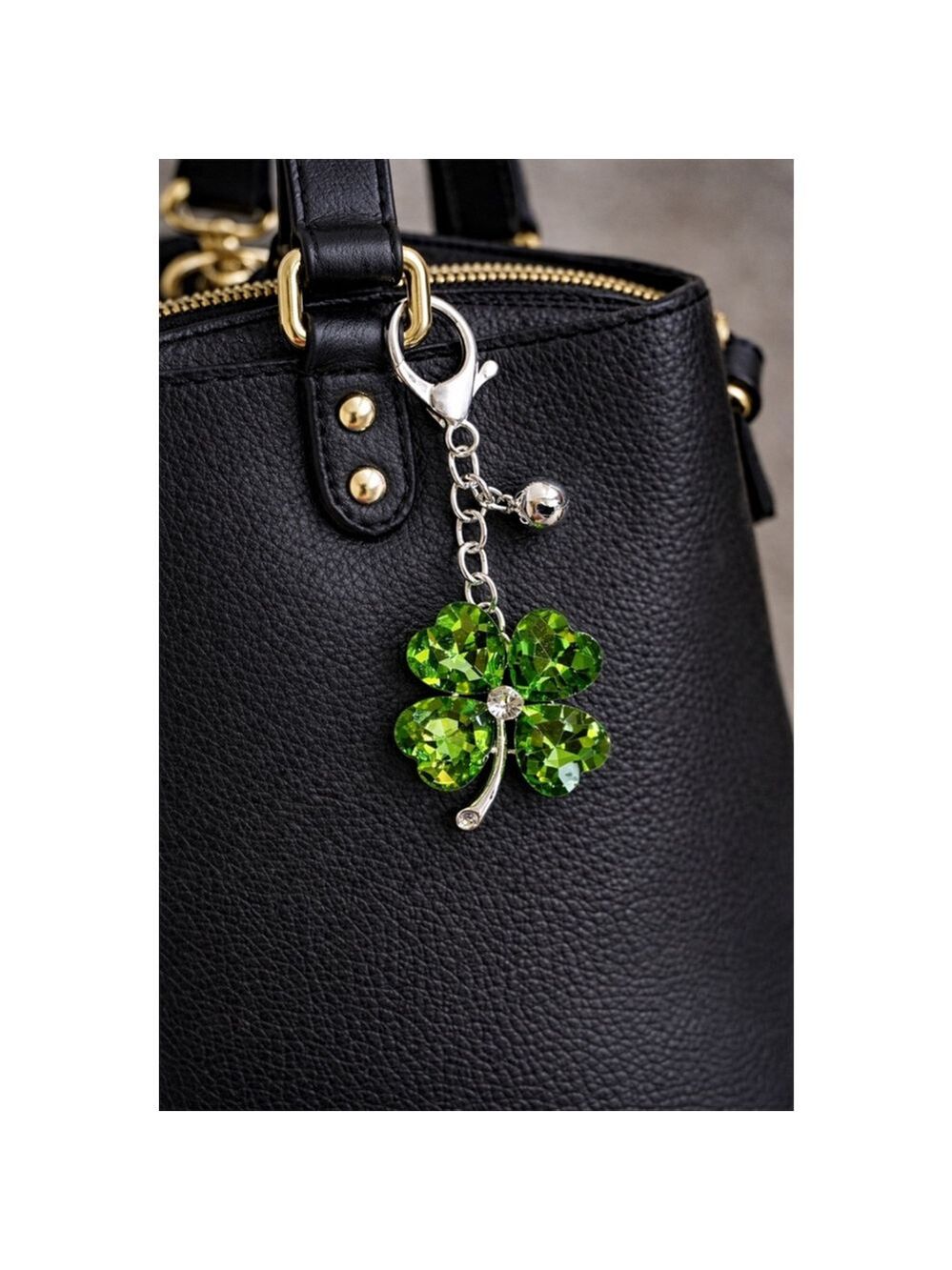 Green Crystal Shamrock Jeweled Silver Keychain with lucky bell